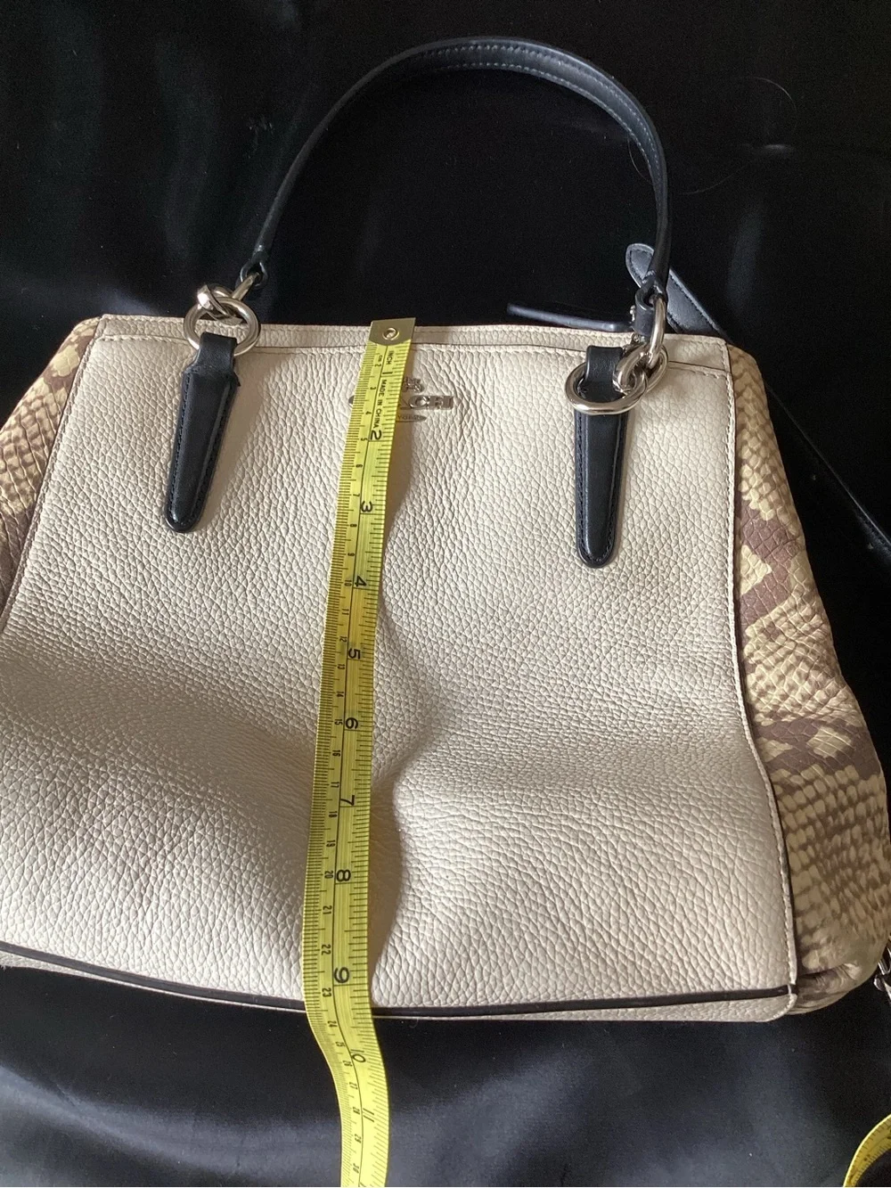 Coach Cream Leather Mini Satchel‎ with Brown Snake-Print Trim and Black Handles